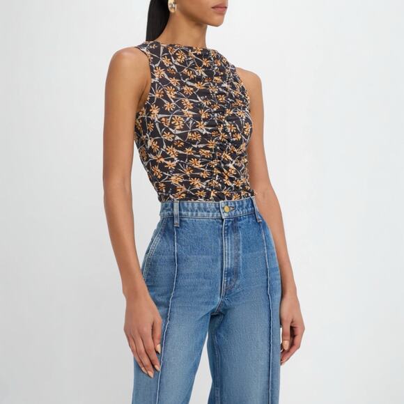 Ulla Johnson Medea Asymmetric Shirred Top Floral Black Size M NWT $290 - Picture 5 of 7